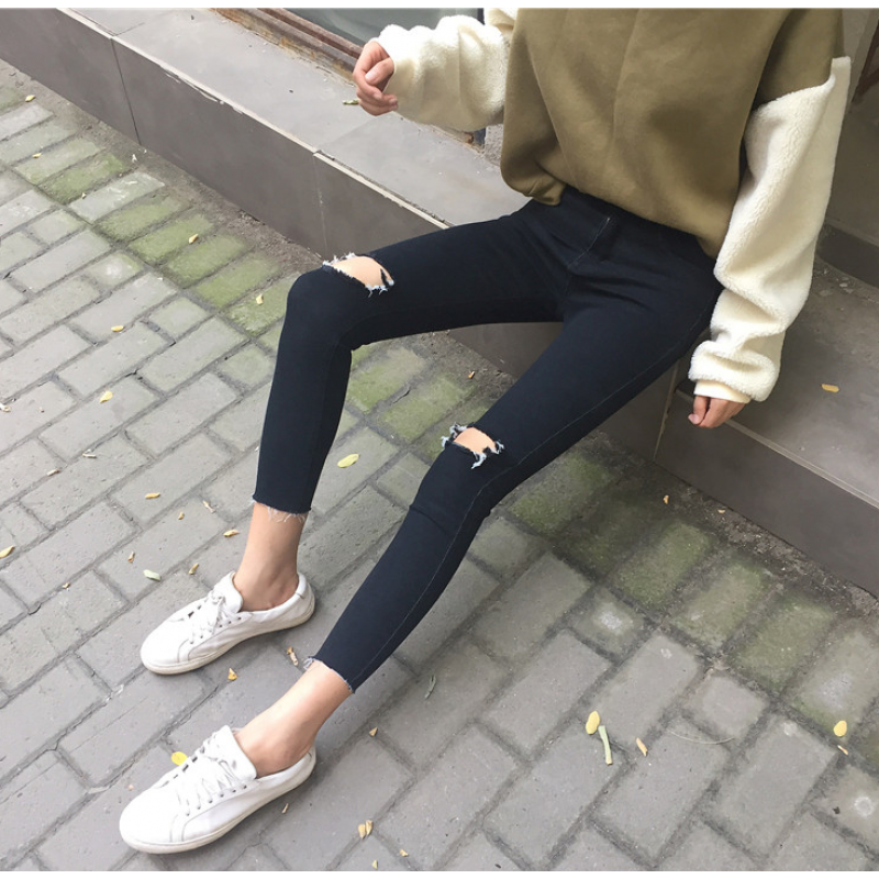 春秋女装韩版百搭高腰显瘦弹力破洞牛仔裤紧身小脚裤九分裤铅笔裤黑色