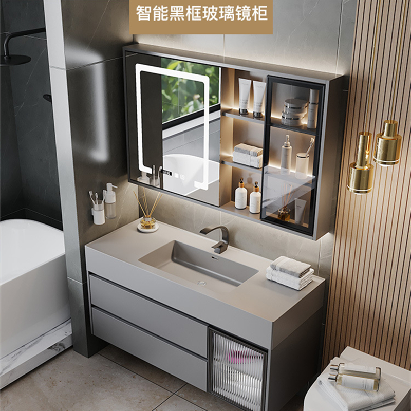 (送入户安装)汉德斯科卫浴柜智能镜柜浴室柜组合免漆实木纳米岩石一体盆挂墙式吊柜洗脸盆柜面盆柜洗手池洗漱台Y6025高清大图