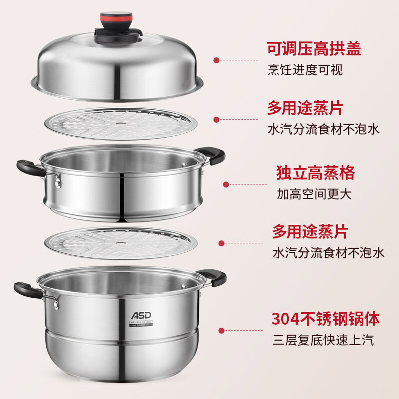 爱仕达(ASD)30cm8.2L排气不锈钢三层复底蒸锅ZS30A5WG高清大图