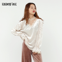 ENJOY’ME女装2020春季新品V字蕾丝网纱领拼接丝绒长袖上衣