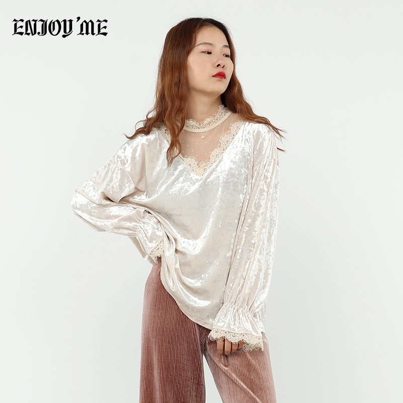 ENJOY’ME女装2020春季新品V字蕾丝网纱领拼接丝绒长袖上衣