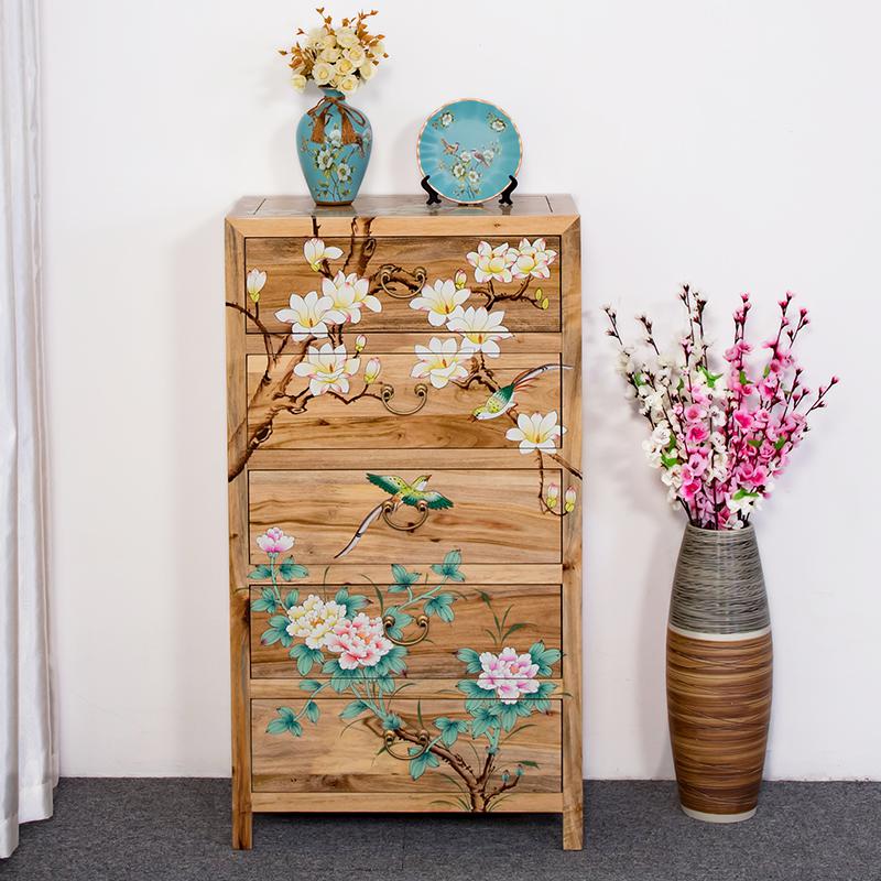 实木五斗柜简约现代抽屉储物柜客厅收纳卧室新中式香樟木四斗橱子 原木色五斗(66长*40宽*120高cm)整装