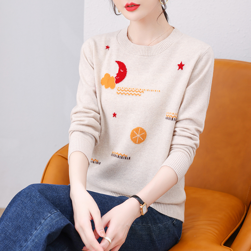 恒源祥100绵羊毛衫女圆领甜美减龄时尚女士毛衣宽松女上衣服秋冬