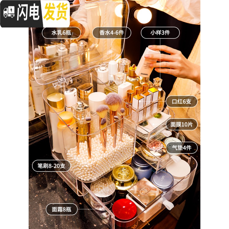 三维工匠网红桌面亚克力防尘化妆品收纳盒化妆刷筒口红护肤品整理置物架子高清大图