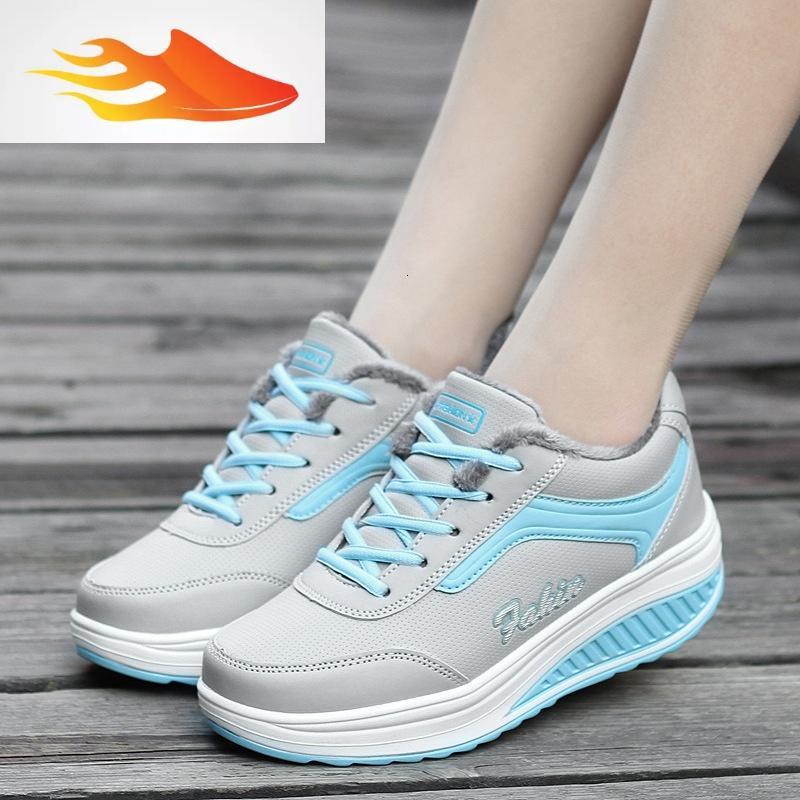 fish basket冬季加棉女鞋摇摇鞋防滑皮面跑步鞋女厚底增高加绒保暖