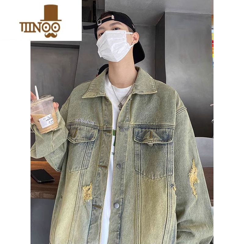 YANXU黄泥染牛仔外套男秋季美式高街潮牌复古上衣oversize毛边vibe夹克高清大图