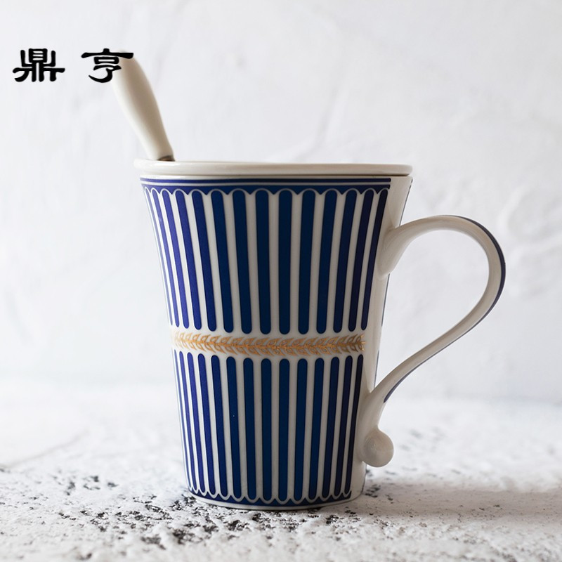 鼎亨情侣水杯陶瓷骨质瓷马克杯大容量带盖勺办公室咖啡杯蓝雅
