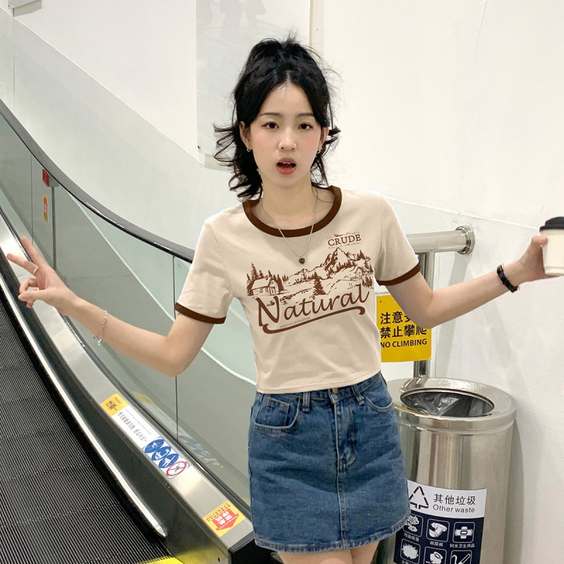 [1.5折价31元]唐狮短袖T恤女夏季短款圆领撞边美式复古风小众辣妹装潮