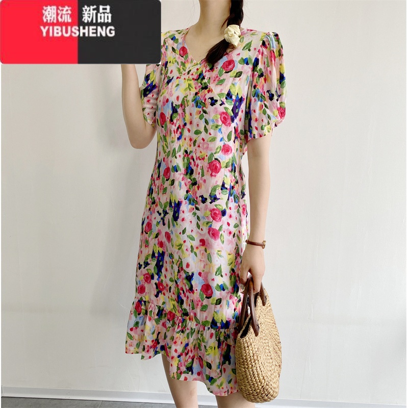 YIBUSHENG棉绸碎花短袖连衣裙女波西米亚沙滩裙人造棉海边渡假裙绵绸裙子高清大图