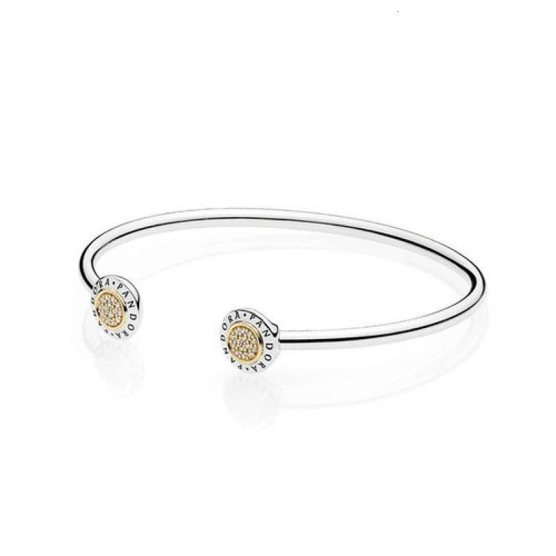 pandora潘多拉金圆盘标志经典开口式s925银手镯596274cz