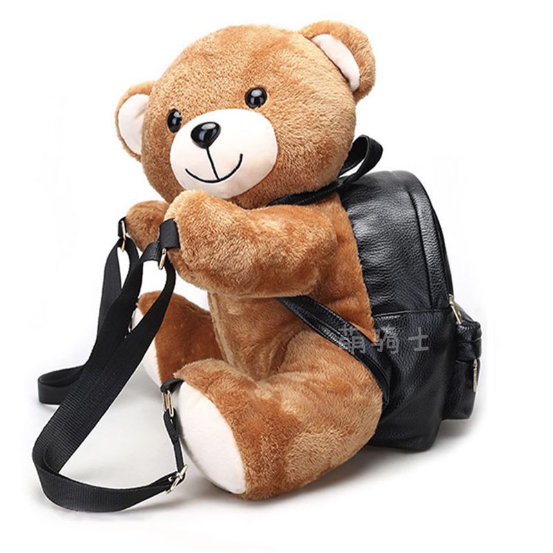 重庆萌骑士丨机车小熊背包女骑士pu皮保暖双肩包公仔毛绒书包小号30cm