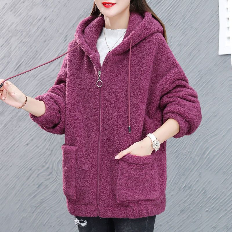 羊羔绒卫衣外套女大码色2021年新款春季连帽宽松韩版拉链开衫潮