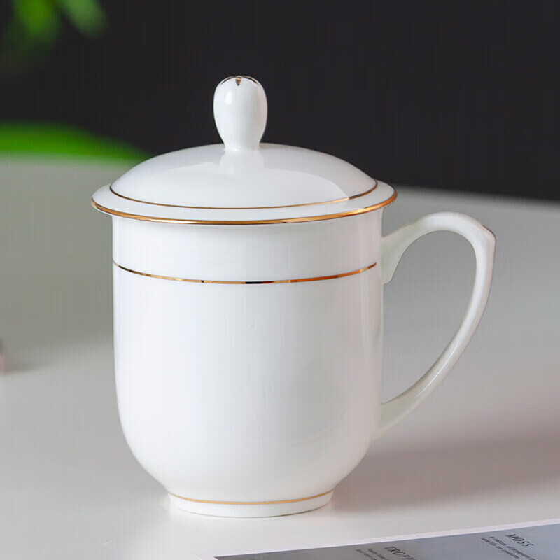 富强 陶瓷盖杯水杯金边会议杯 喝茶开会杯子360ml 十只装高清大图