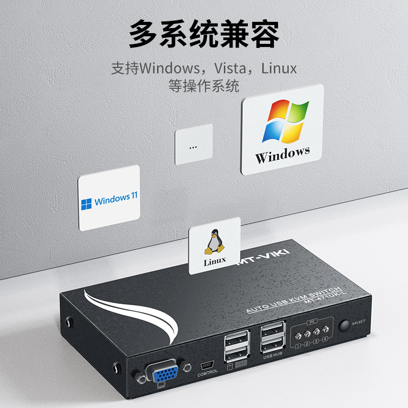 迈拓维矩MT-471UK-L 自动kvm切换器四进一出4口vga电脑笔记本共享usb键盘鼠标显示器打印机切屏器配4条线高清大图