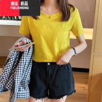 YIBUSHENG竹节棉t恤女短袖2024年新款宽松百搭白色上衣纯色体桖薄t M 黄色