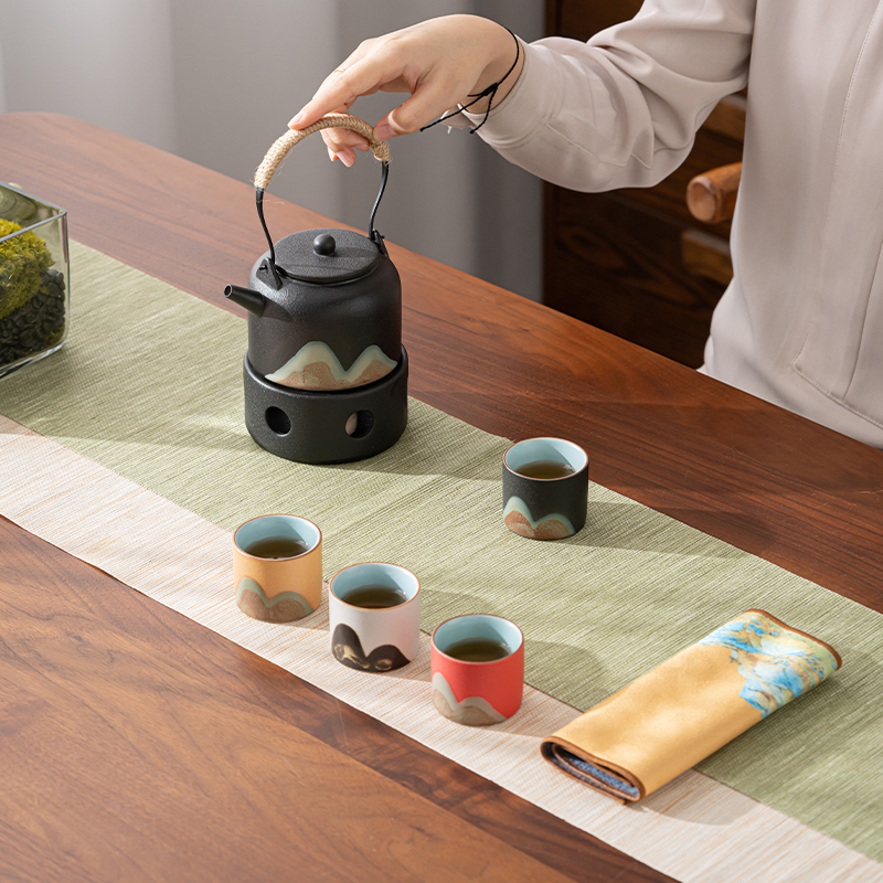 苏氏陶瓷(SUSHI CERAMICS)手绘釉画彩千里江山四色杯温茶套装禅黑文创伴手礼套组