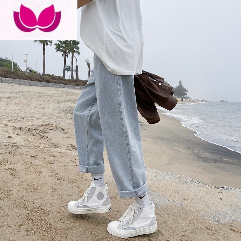 七斓浅色牛仔裤男夏季港风薄款宽松阔腿直筒裤韩版潮流百搭休闲九分裤高清大图