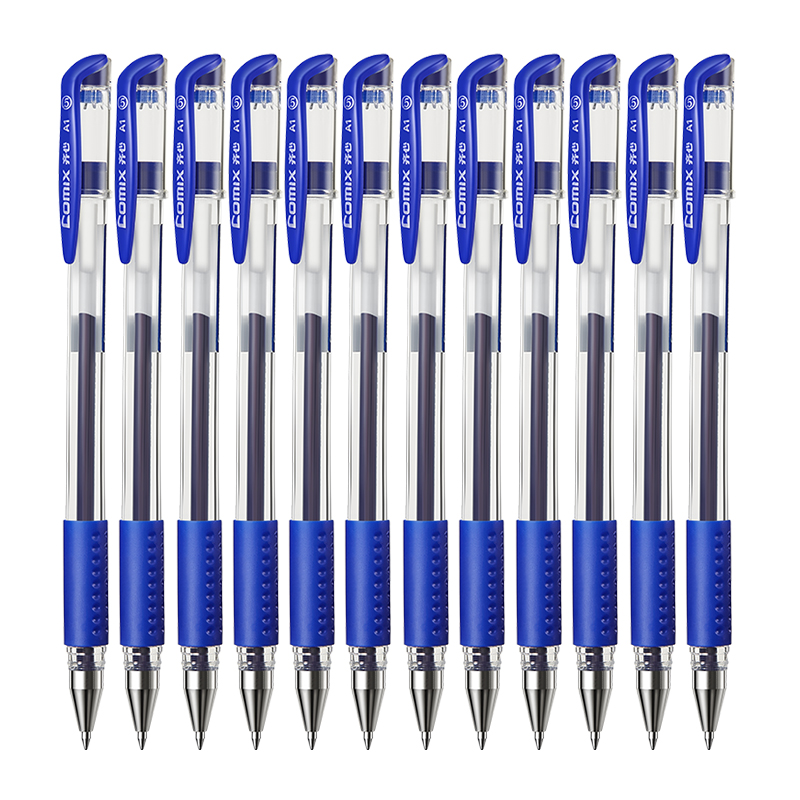 齐心 A1 软护手拔帽中性笔 子弹头0.5mm 12支/盒 蓝 蓝色