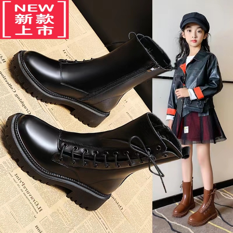 可莉允女童靴子2022年新款秋季洋气公主棉鞋加绒马丁儿童鞋子短靴秋冬款