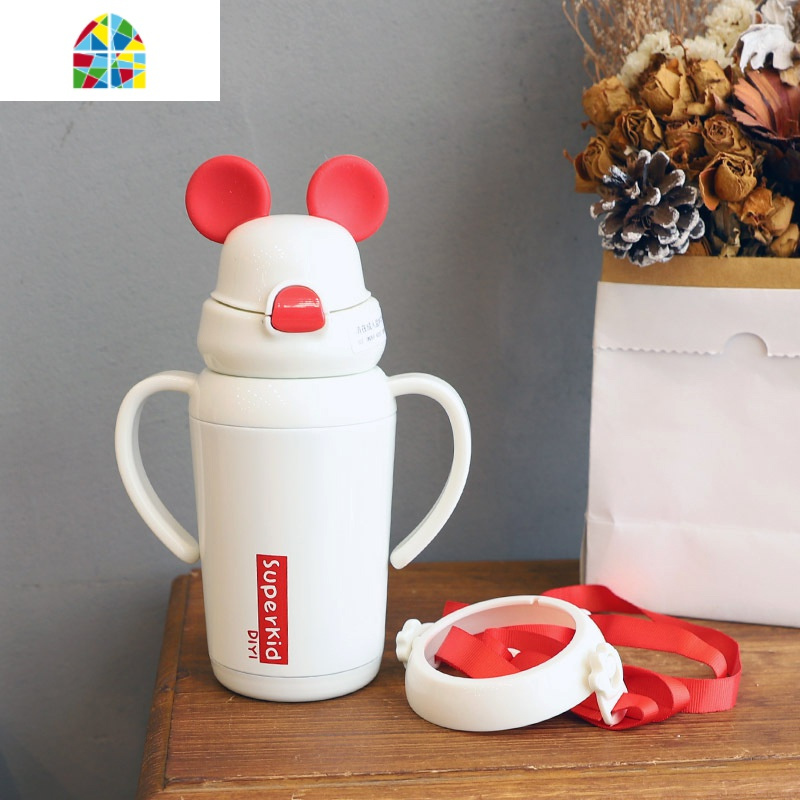 网红卡通儿童保温杯316不锈钢带吸管水杯ins便携幼儿园宝宝保温壶 FENGHOU 黑350ML+杯刷