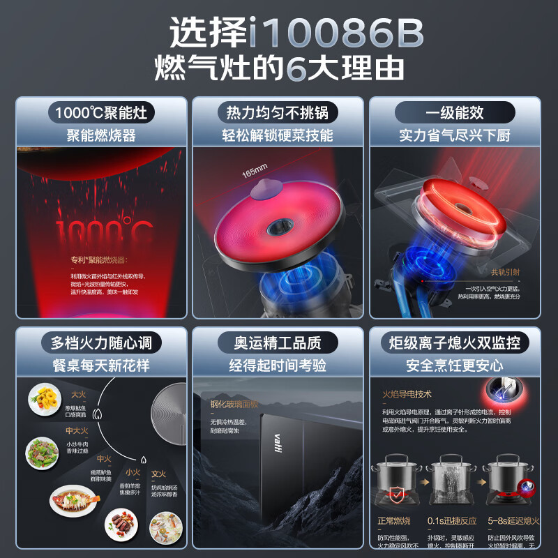 华帝i10086B(天然气)燃气灶聚能灶双灶具灶台 3.5kW高热效易打理 家用台式嵌入式两用钢化玻璃面板