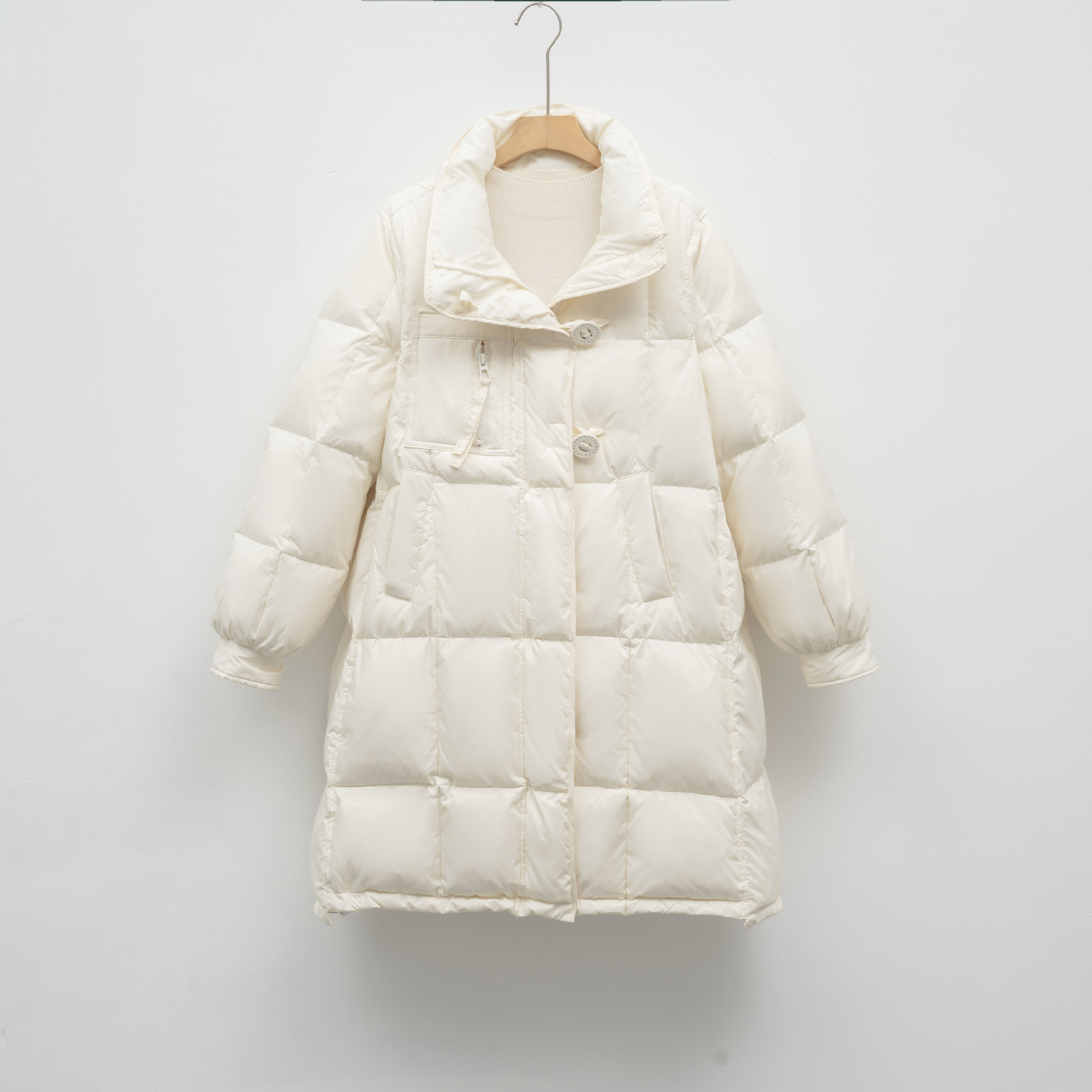 白鸭绒纯色韩系连帽羽绒服女宽松新款冬中长款加厚外套潮高清大图