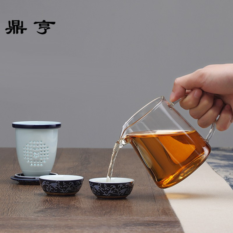 鼎亨国际 耐热玻璃泡茶壶陶瓷过滤 茶杯茶壶旅行套装户外便携茶具