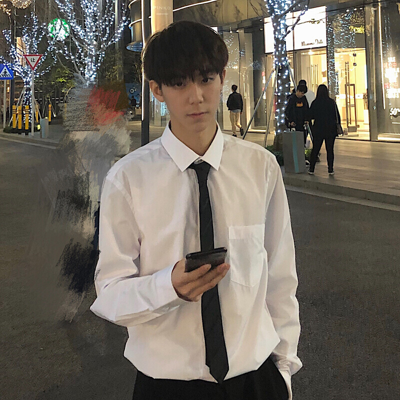 梵克公牛长袖衬衫男2021新款韩版流宽松休闲青少年白衬衣纯色上衣外套薄 白色
