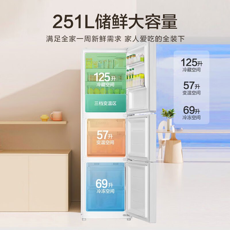 海尔(Haier)三开门冰箱251L变频风冷无霜家用 电冰箱小型家用干湿分储一级能效 BCD-251WGHC3E7WV