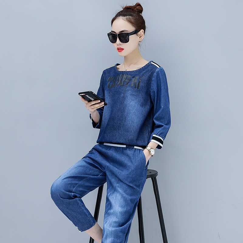 18秋装女装大码显瘦短款上衣牛仔套装两件套潮休闲时尚套装