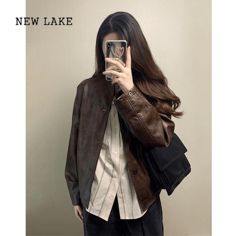 NEW LAKE美拉德皮衣外套女春季新款宽松做旧小众立领棕色复古PU皮夹克外搭