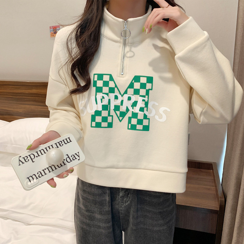唐狮卫衣女春装新款韩版宽松polo领棋盘格字母印花上衣潮