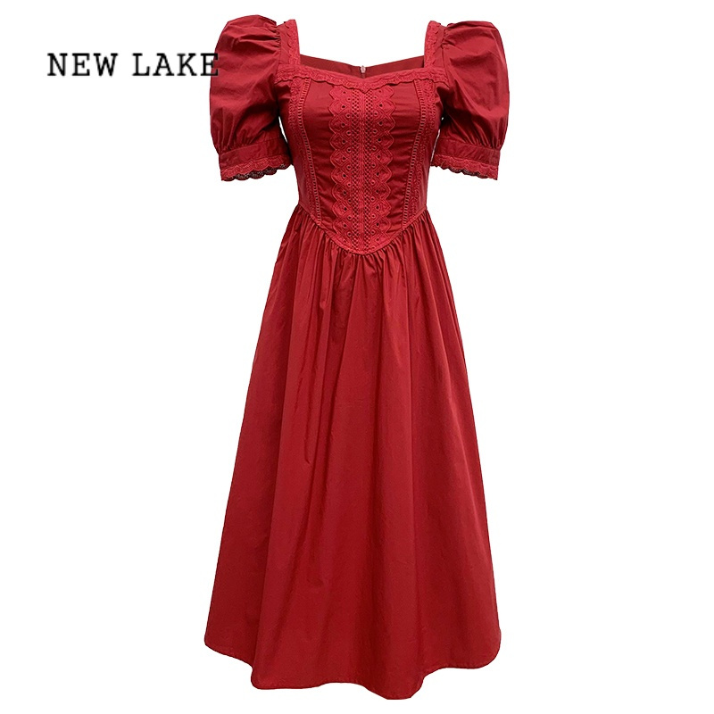 new lake法式复古赫本风红裙子别致设计感订婚裙惊艳红色连衣裙女夏