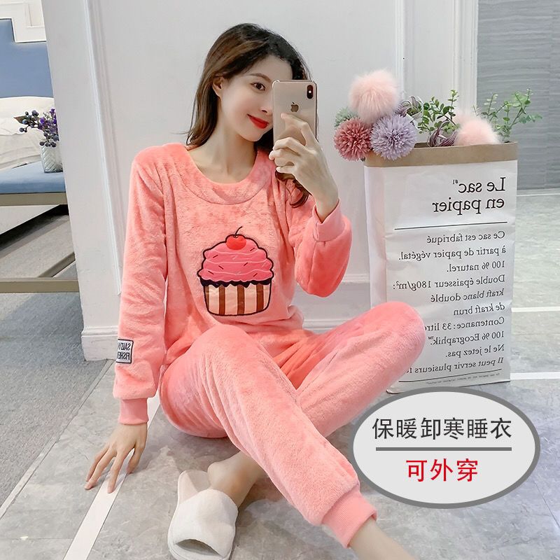 粉色草莓 较薄 有口袋 M 70-100-1.6高 可爱睡衣女秋冬长袖法兰绒加厚保暖珊瑚绒韩版时尚卡通家居服套装