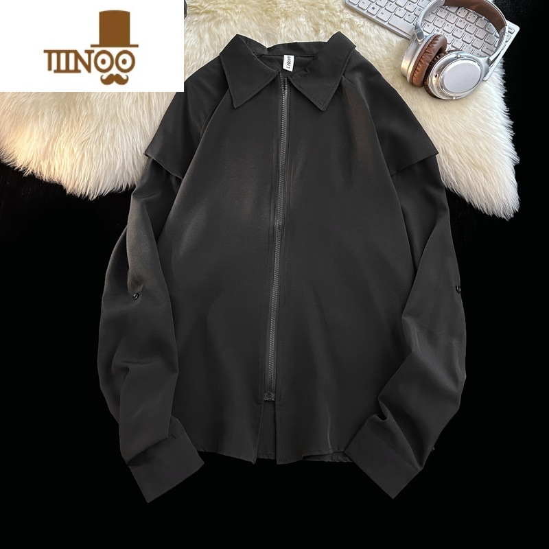 YANXU拉链痞帅白色衬衣男长袖小众设计感潮牌宽松港风复古纯色寸衫外套高清大图