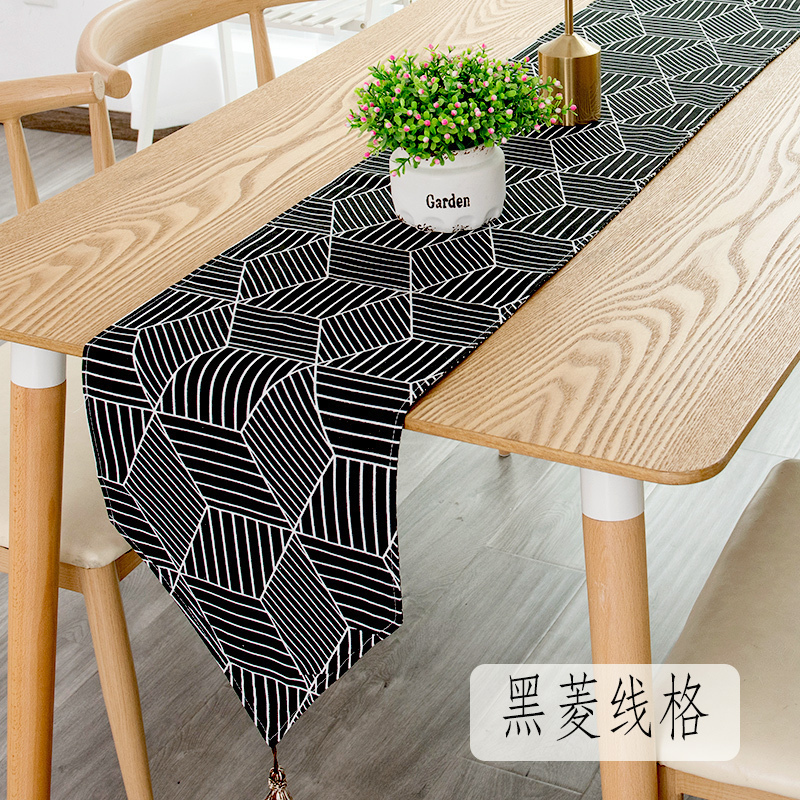 北欧桌旗现代简约茶几桌旗布长条餐桌茶台布艺鞋柜布盖 黑菱线格 30*200cm(适合140-160cm左右桌子茶桌柜子)