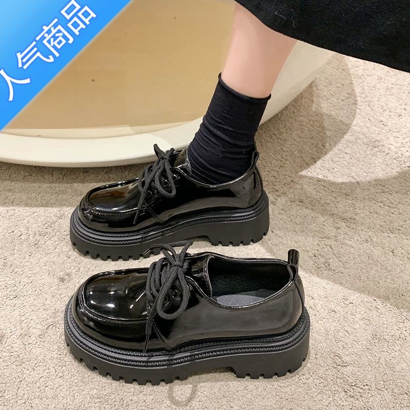 SUNTEK厚底乐福鞋女2023年春夏新款百搭英伦风黑色系带小皮鞋日系jk鞋子图片