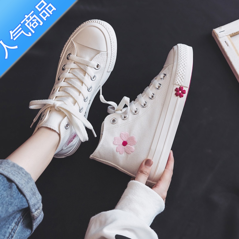 SUNTEK香港ZP高帮帆布鞋花朵女鞋秋季新款百搭平底单鞋日系小白鞋高清大图