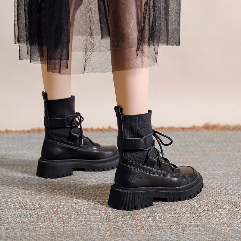 啄木鸟马丁靴夏天穿配裙新款网纱薄款透气镂空厚底百搭英伦风短靴黑色