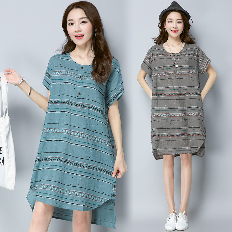 女士春夏新品棉麻短袖条纹连衣裙矮个子显瘦个性休闲裙显瘦女装