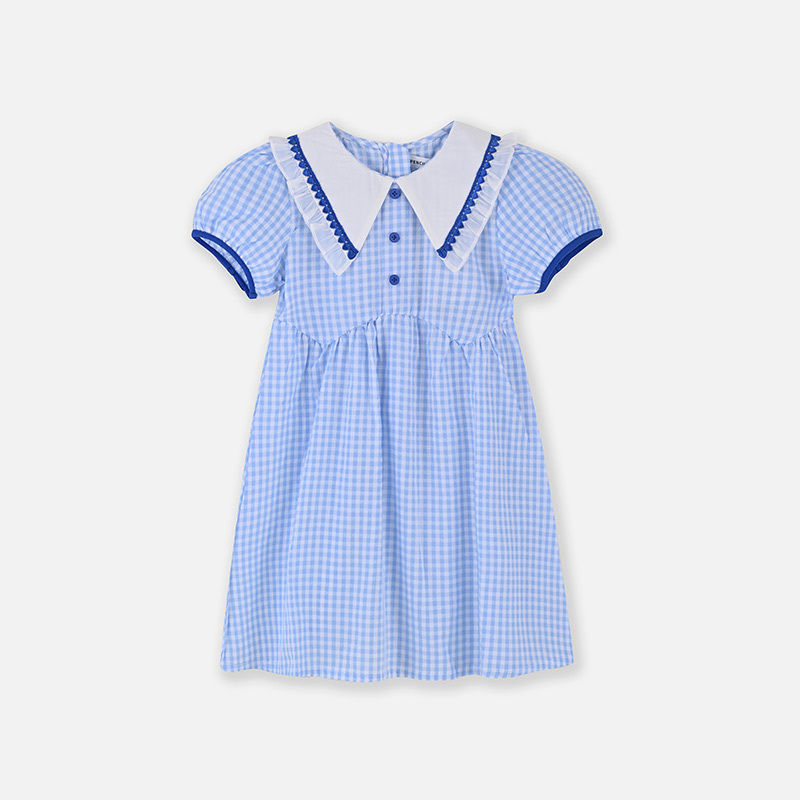 铅笔俱乐部2025夏装新款女童连衣裙儿童翻领格子裙中大童甜美裙子 140cm 旗蓝