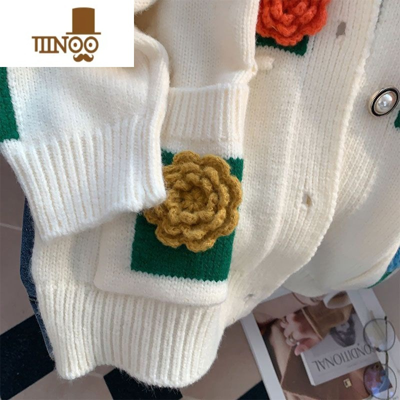 YANXU300斤特大码oversize牛仔拼接立体花朵毛衣男女秋慵懒风情侣外套