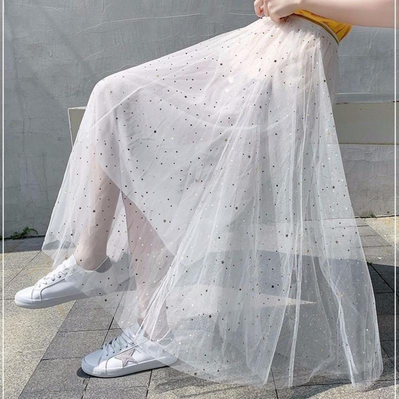 半身裙女2021春夏新款沙裙星星亮片网纱裙仙女裙中长款a字裙纱裙 白色 S[建议70-90斤]