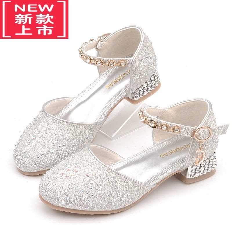 可莉允公主鞋女童小高跟鞋水钻白色包头皮鞋模特钢琴表演儿童礼服方跟鞋运动休闲鞋图片