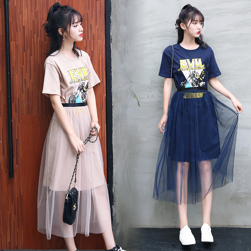 连衣裙夏装2018新款 套装裙韩版宽松显瘦学生裙子T恤两件套潮女装
