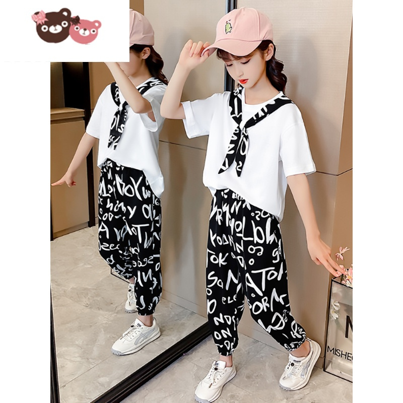 绿彩虹光女童夏装套装2022新款洋气中大童时髦夏季薄款儿童短袖运动两件套