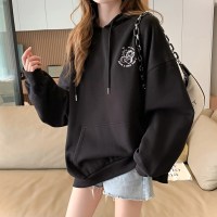 【加菲猫联名款】唐狮0春装新款卫衣女连帽宽松设计感小众上衣潮 S 黑色