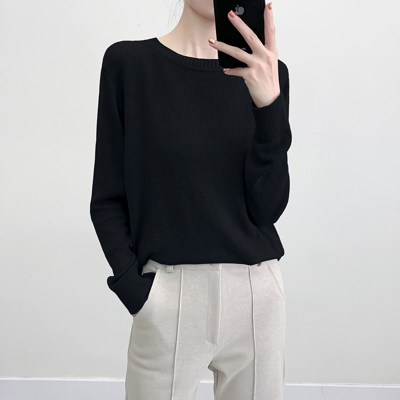 艳如飞针织衫女长袖春秋新款韩版宽松慵懒风圆领纯色套头打底衫百搭上衣T恤