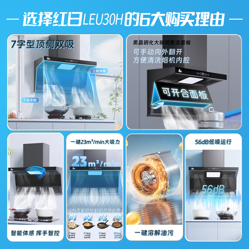 红日(RedSun)顶侧双吸烟灶套装23m³大风量 挥手体感智控 一键热除油清洗厨房净烟LEU30H+EM618B液化气高清大图
