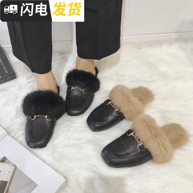 欧美简约毛毛头拖鞋女平底秋冬新款2022学生百搭懒人穆勒半拖鞋启如